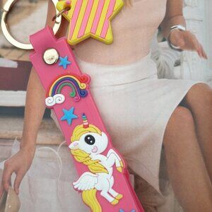 Pink Multi Color Unicorn Key Chain Keyring Wrist-let Handbag Pendant Accessory